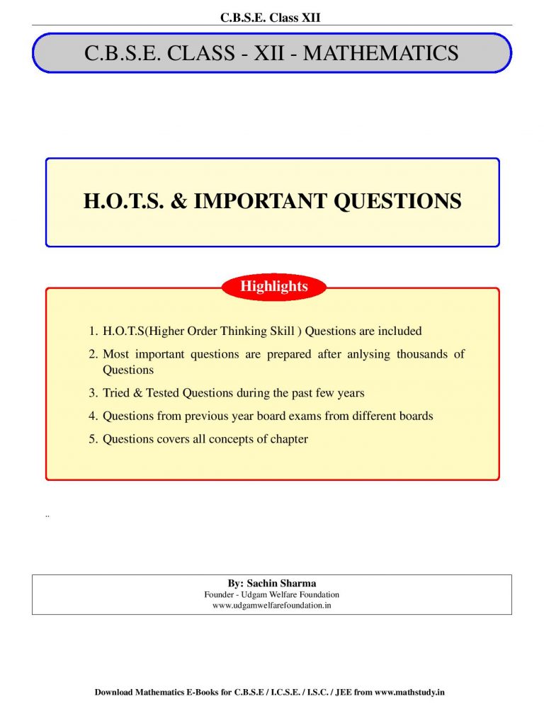 HOTS & IMPORTANT QUESTIONS MATHEMATICS CLASS 12 CBSE - Mathematics- E ...